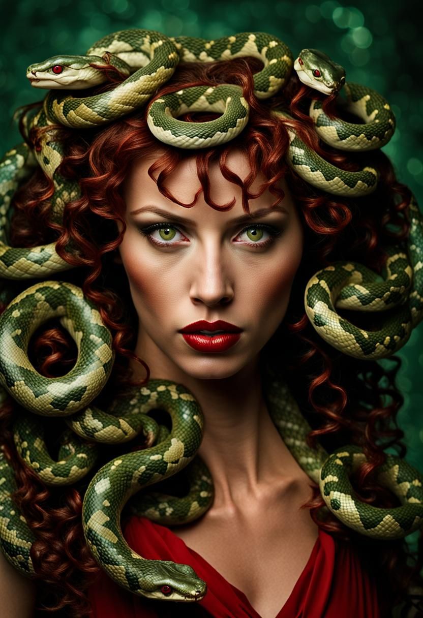 Medusa with red lips, the snakes are green, background with bokeh lights and gloomy background