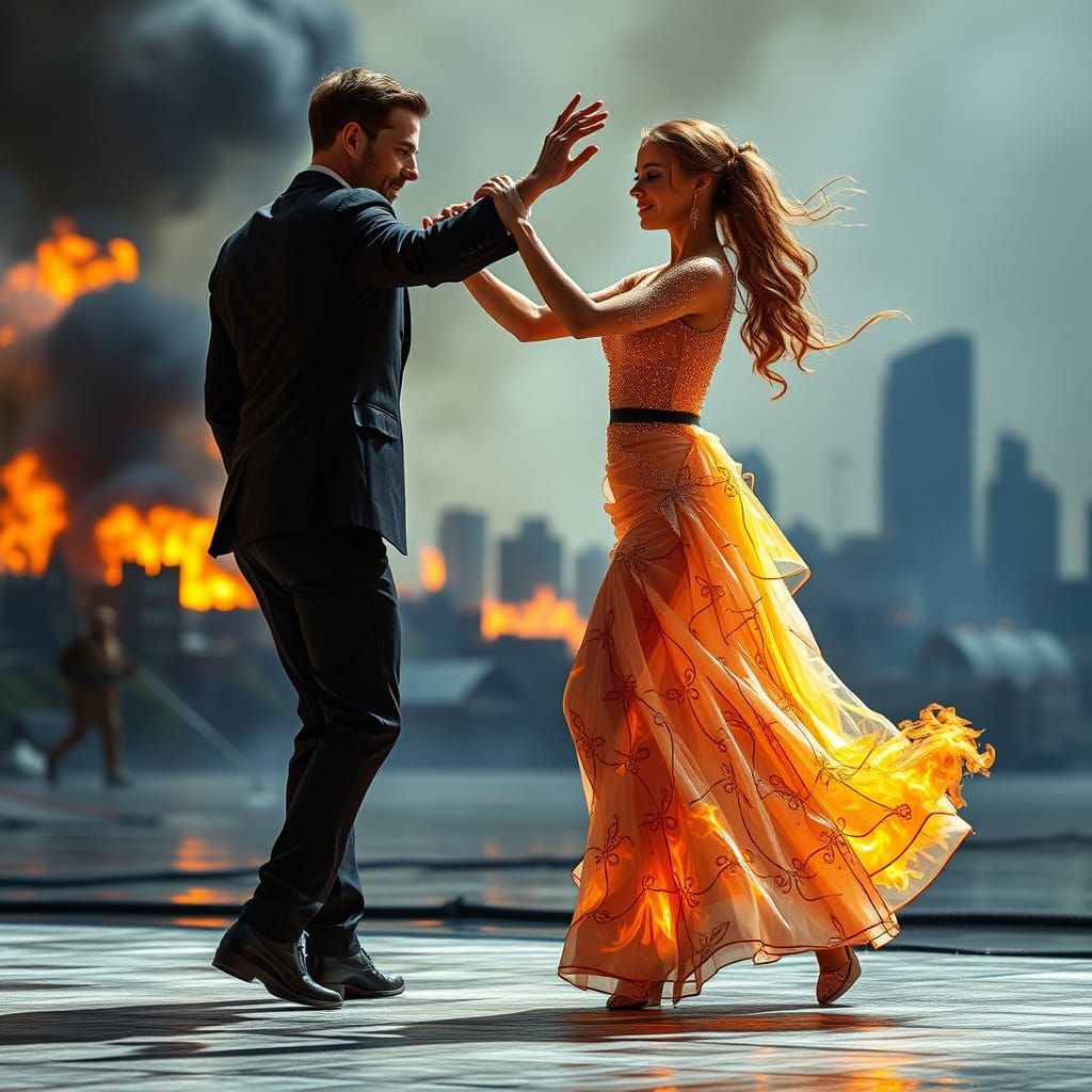 Fiery Dance: Woman and Water Man in Burning City