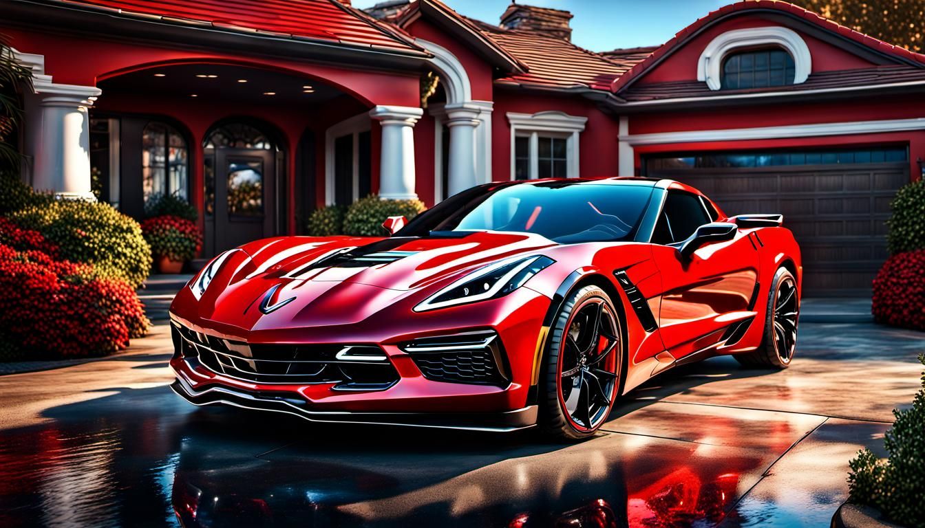 A Bright Red 2024 Chevy Corvette Parked In A Mansion Drivewa...