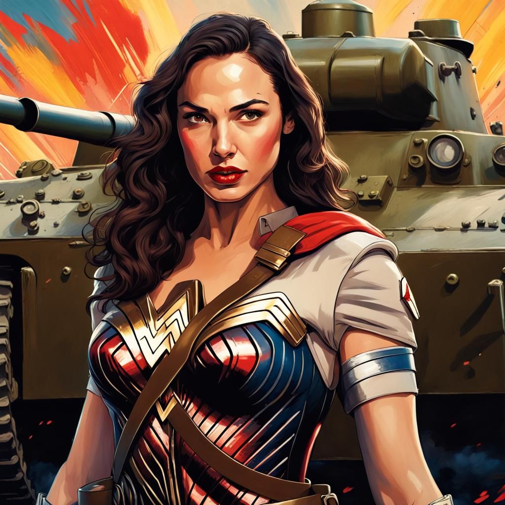 Wonder Woman Battles Tank in Hyperrealistic Splash Art