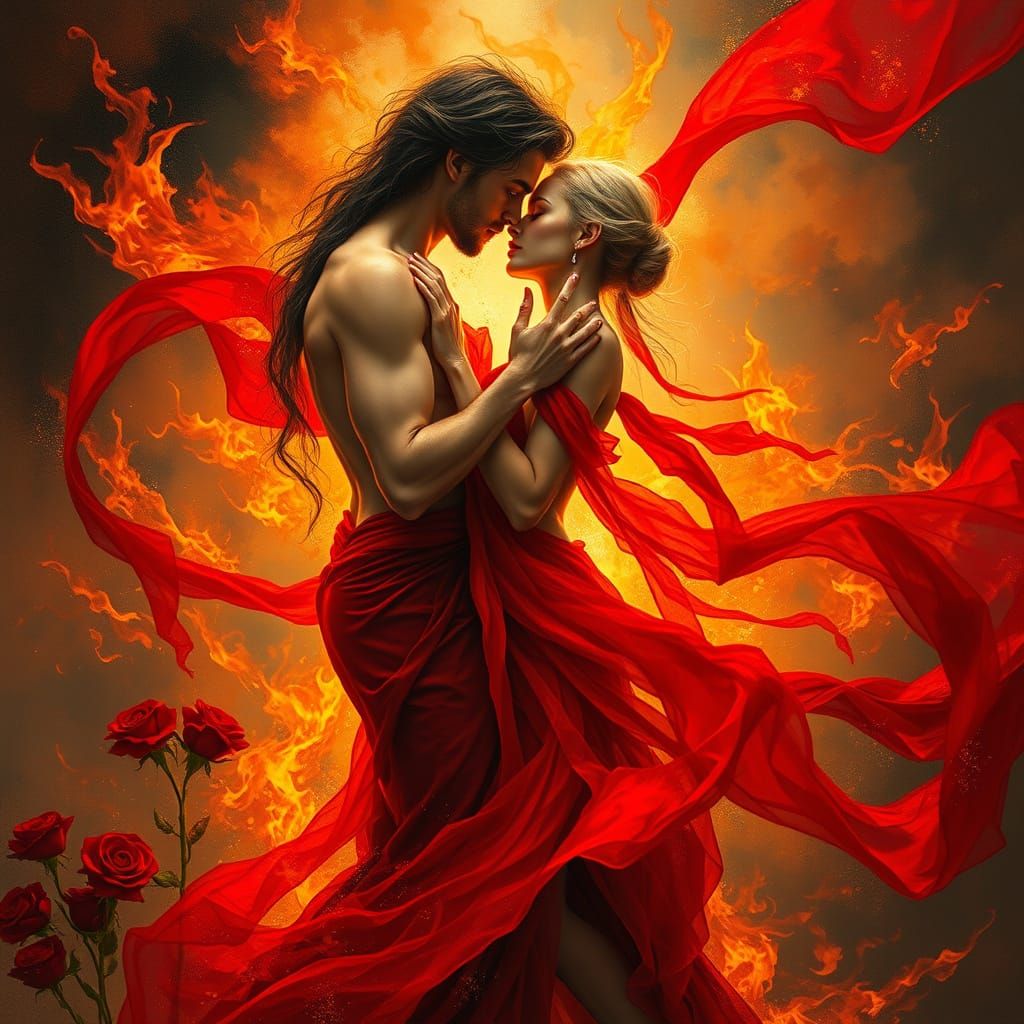 Ethereal Lovers Dance Amidst Blazing Flames
