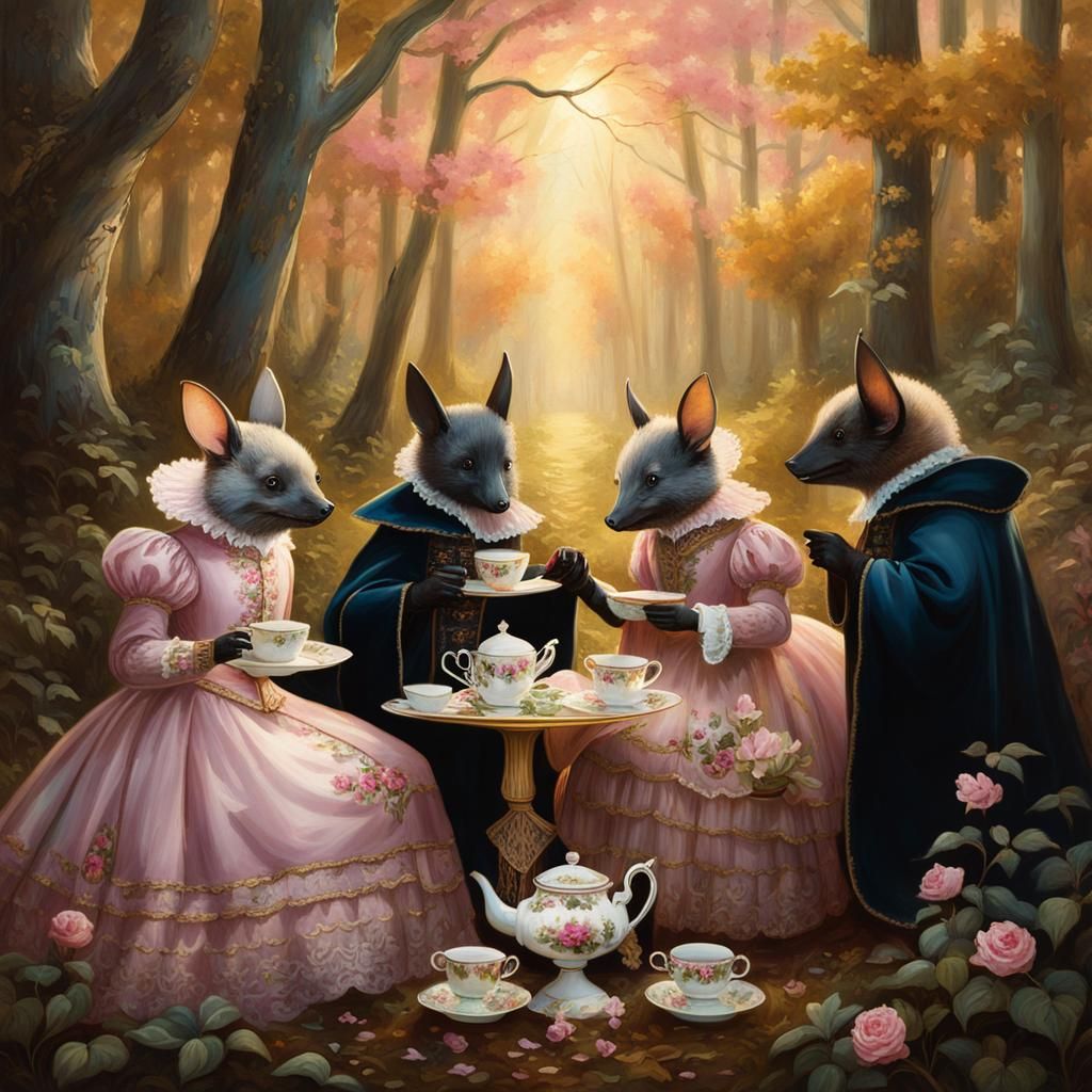 Victorian Bats' Tea Party in Forest Clearing