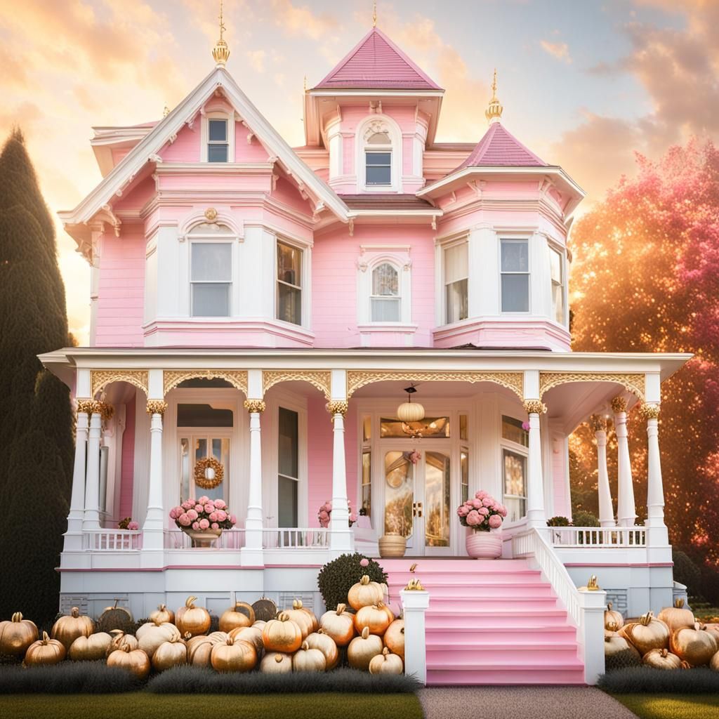 Pink Queen Anne House with Gold Pumpkins, Digital Photograph...