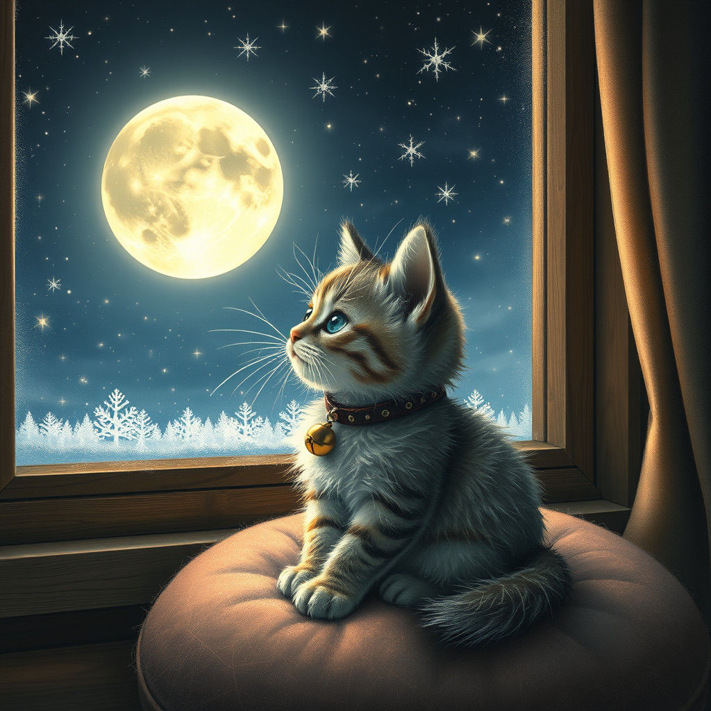 Kitten Gazing at Moon in Dreamy Illustration Style