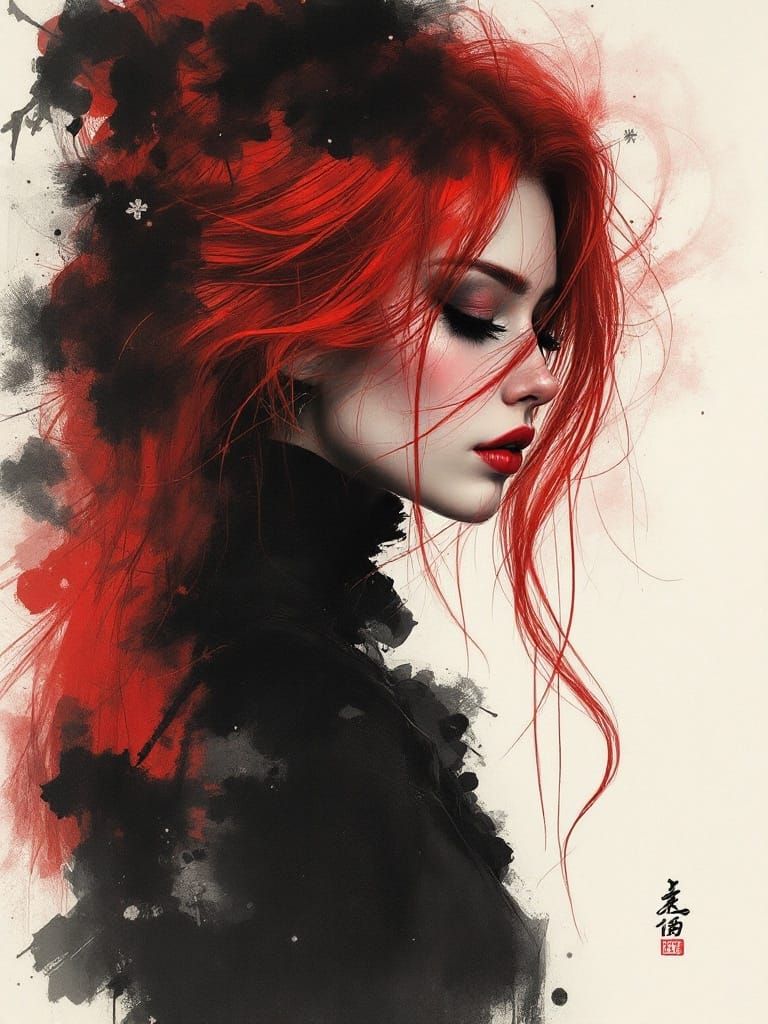 Japanese Ink Brush Art of a Fashionable Woman