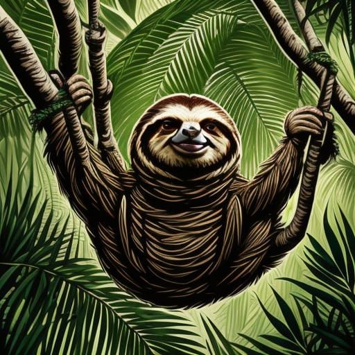 Sloth Hanging in Lush Jungle Foliage with Dappled Sunlight