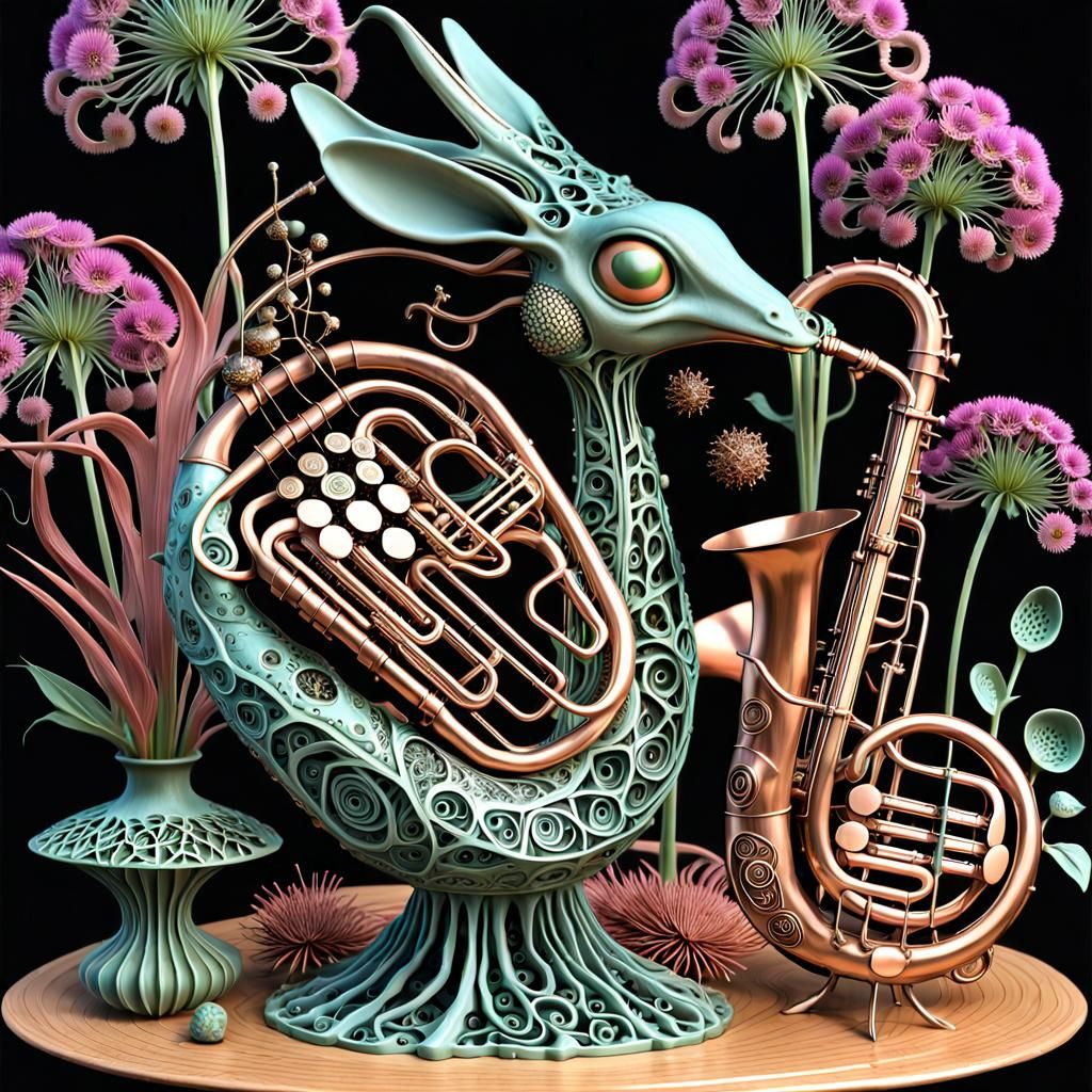 Intricate 3D Alien with Floral and Musical Elements
