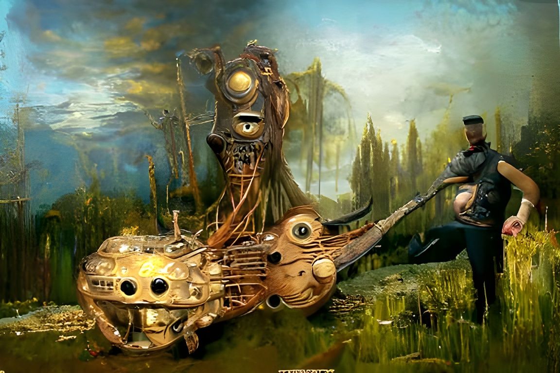Damsel with Dulcimer: Surreal Steampunk Oil Painting