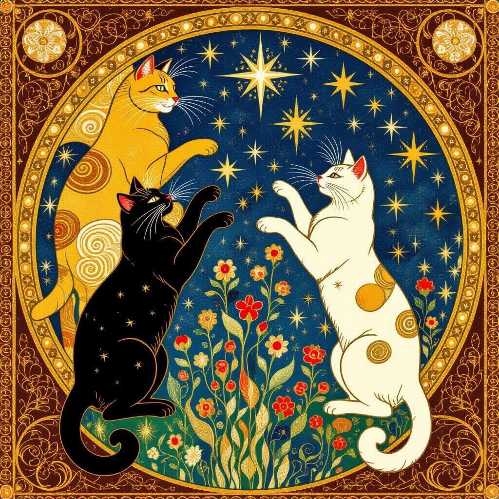 Art Nouveau Gold Wallpaper: Jumping Cats Among Stars