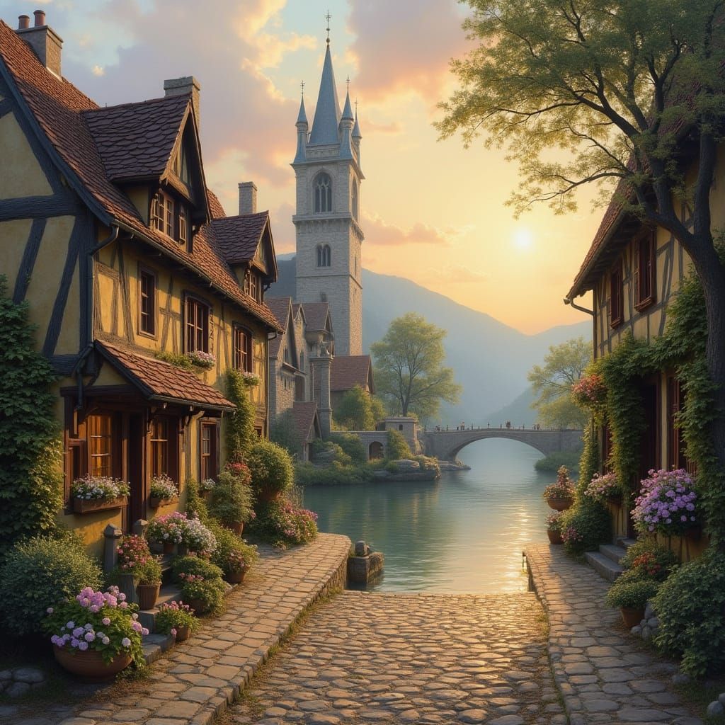 Medieval Village Beside a Misty Lake in Classic Oil Painting...