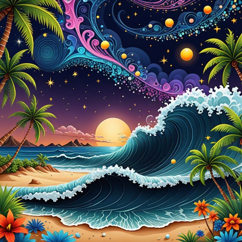 Psychedelic Island Beach Under Starry Sky