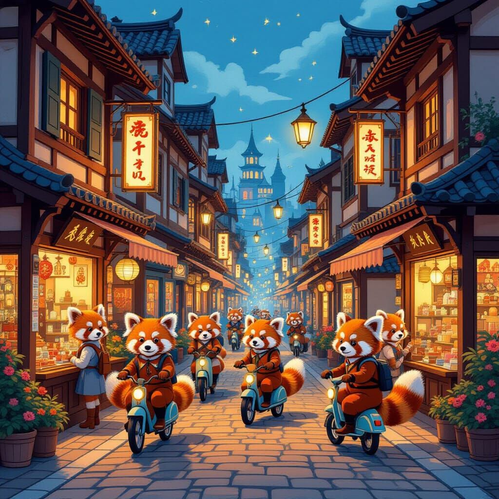 Whimsical City Street with Red Pandas in Fashionable Outfits