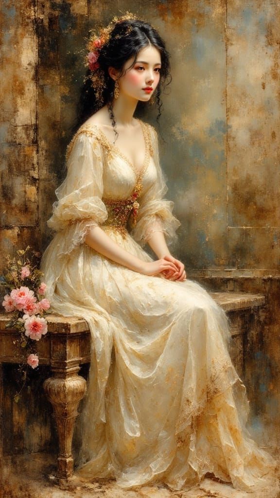 Beautiful Oriental Woman Portrait in Ink Wash Style