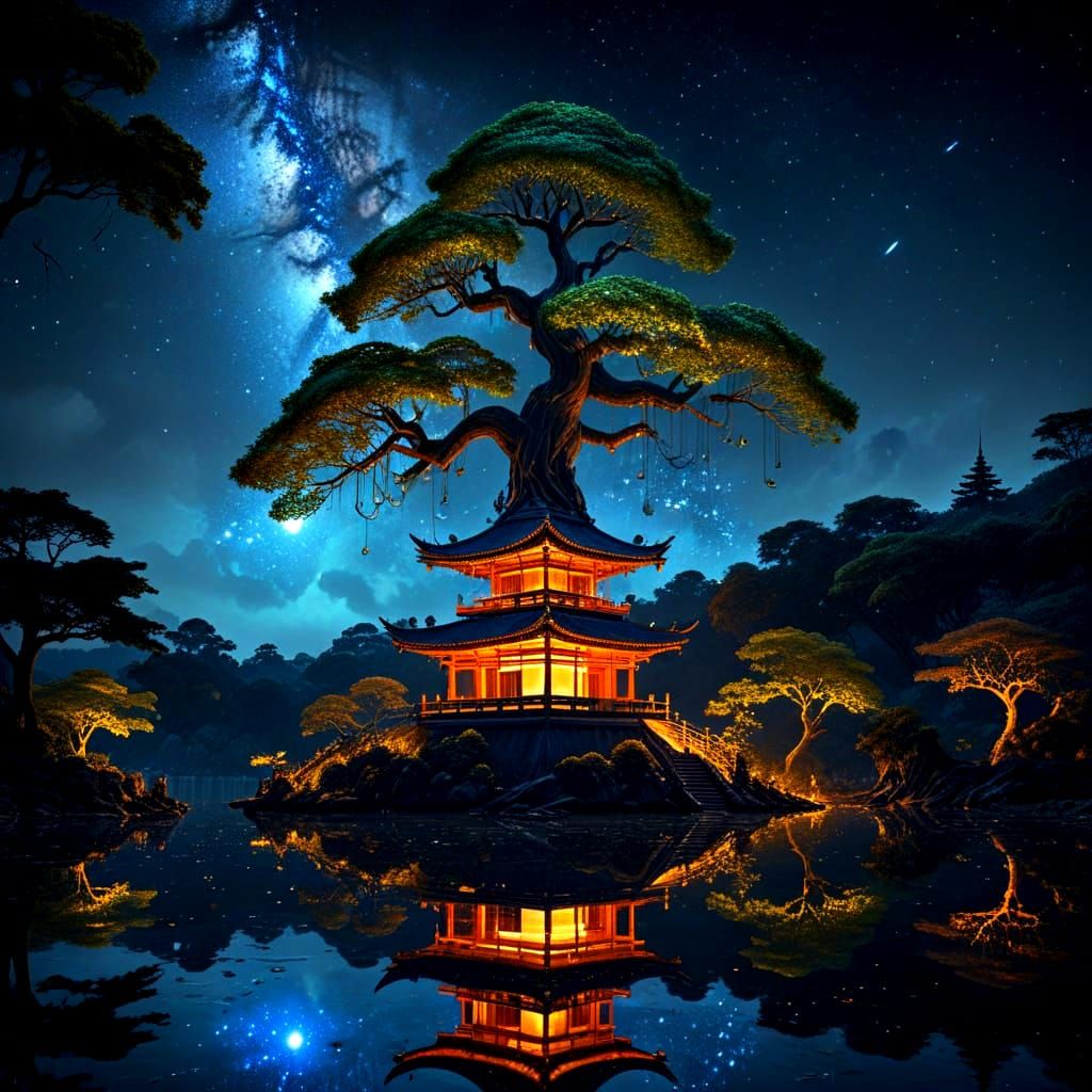 Giant Pagoda Tree in Starry Night Over Mirrored Lake