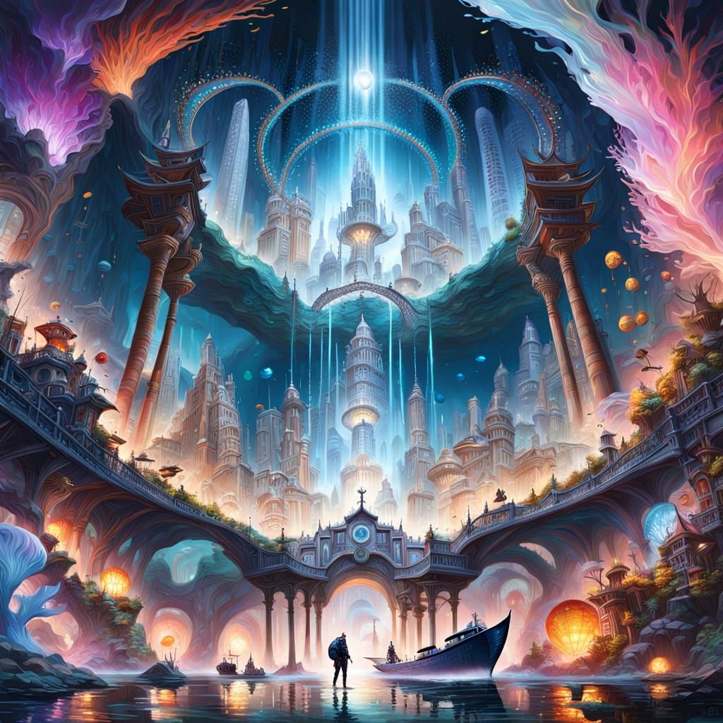 celestial underwater glowing city