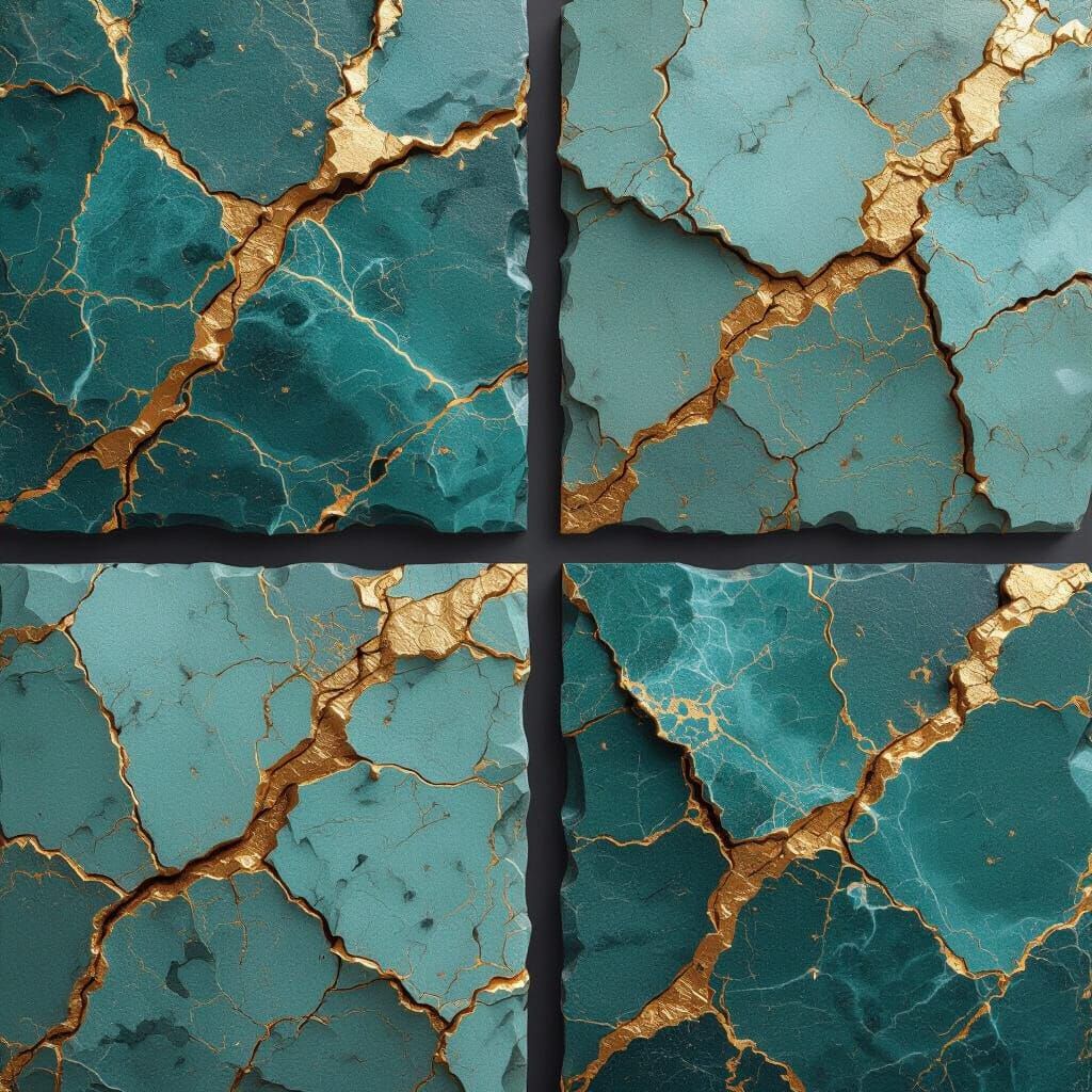 Gold and Teal Cracked Marble Textures in Matte Painting Styl...