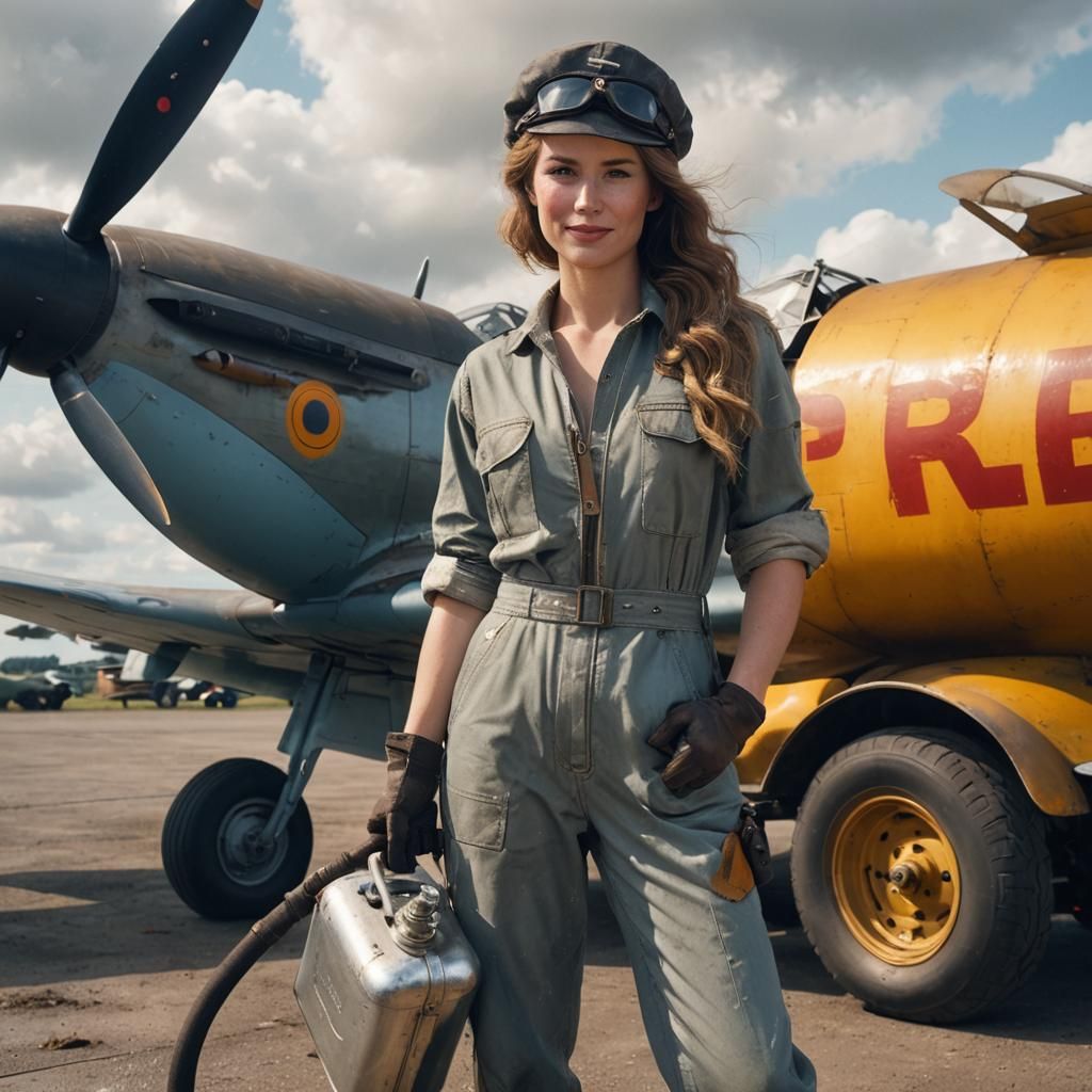 Female Mechanic and Spitfire: Cinematic Film Still