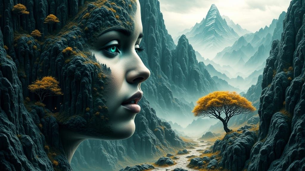 Surreal Woman in Dreamlike Mountain Landscape