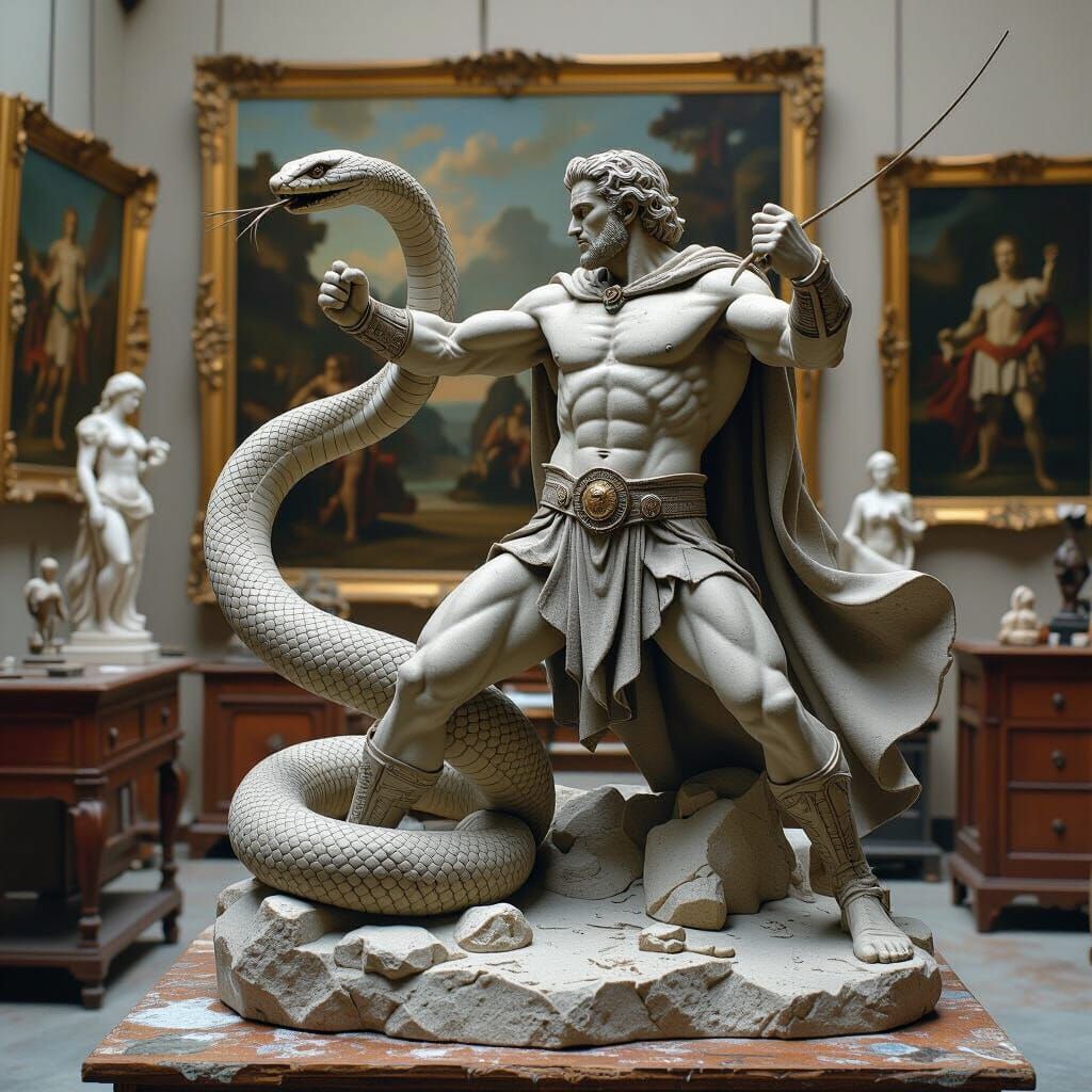 Hercules Fighting Snake: Stone Sculpture with Impasto Detail...