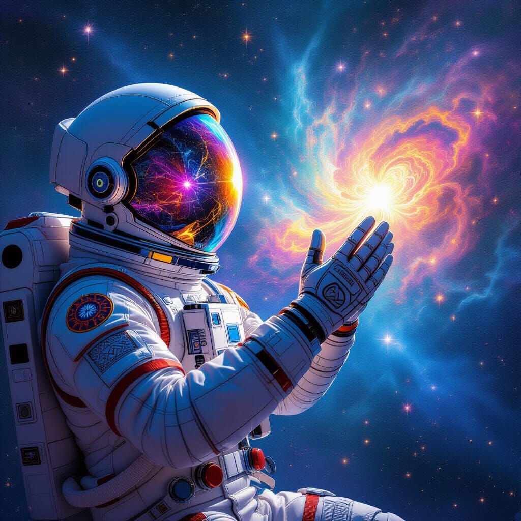 Psychedelic Astronaut Drifting in Vibrant Cosmic Landscape
