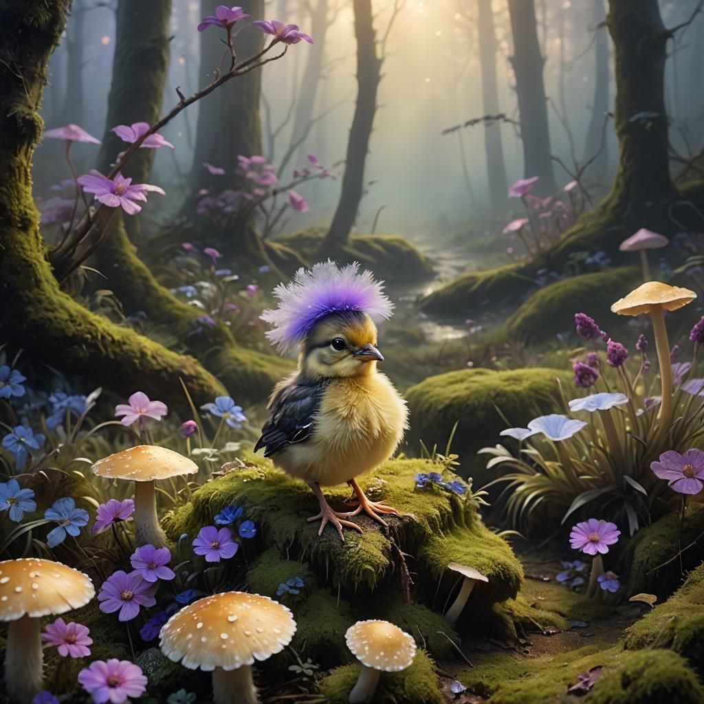 Cute Chick on Toadstool in Misty Forest