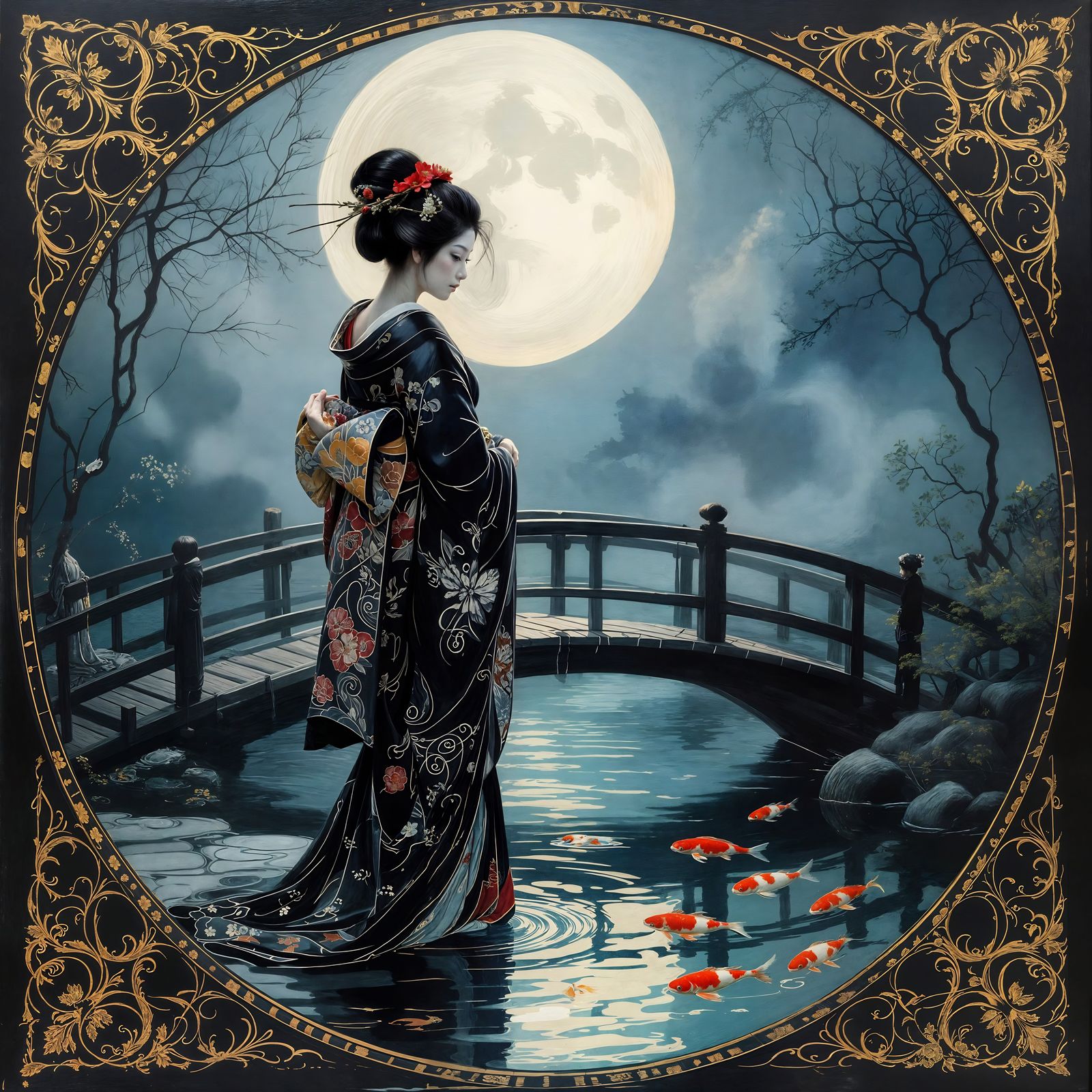 Geisha on Moonlit Bridge in Impasto Oil Style