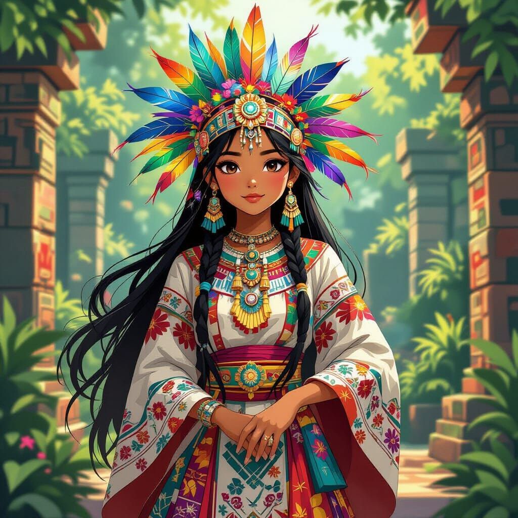 Aztec Girl in Anime Manga Style with Floral Headdress