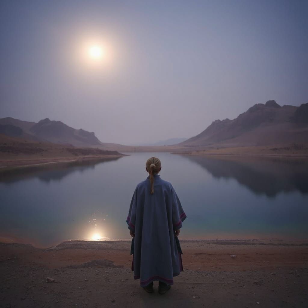 Mongolian Figure by Lunar Desert Lake, Dreamy Art
