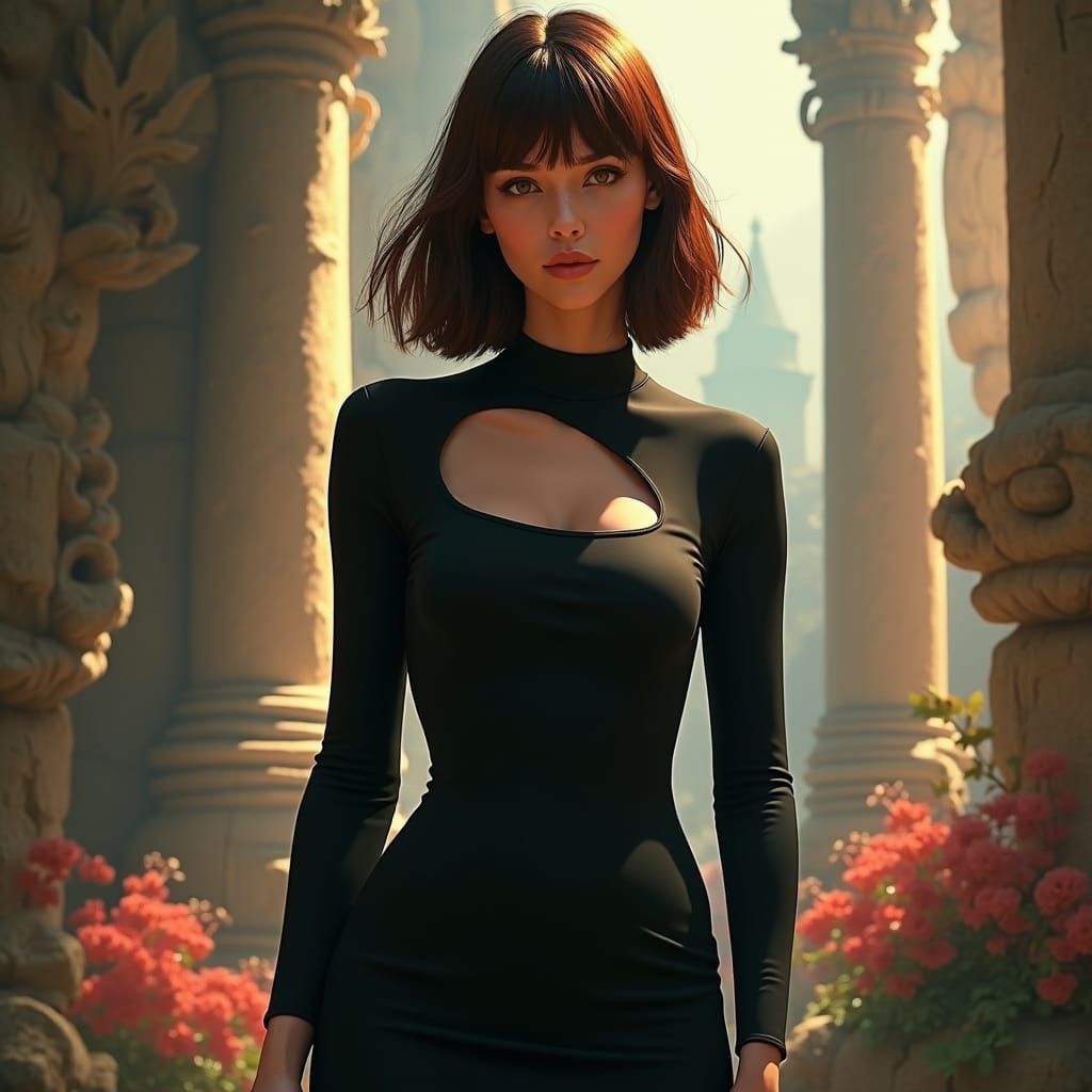 Elegant Woman in Black Dress: Fantasy Concept Art
