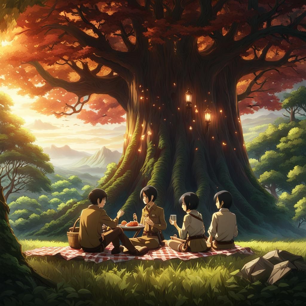 Attack on Titan Picnic in Studio Ghibli Style