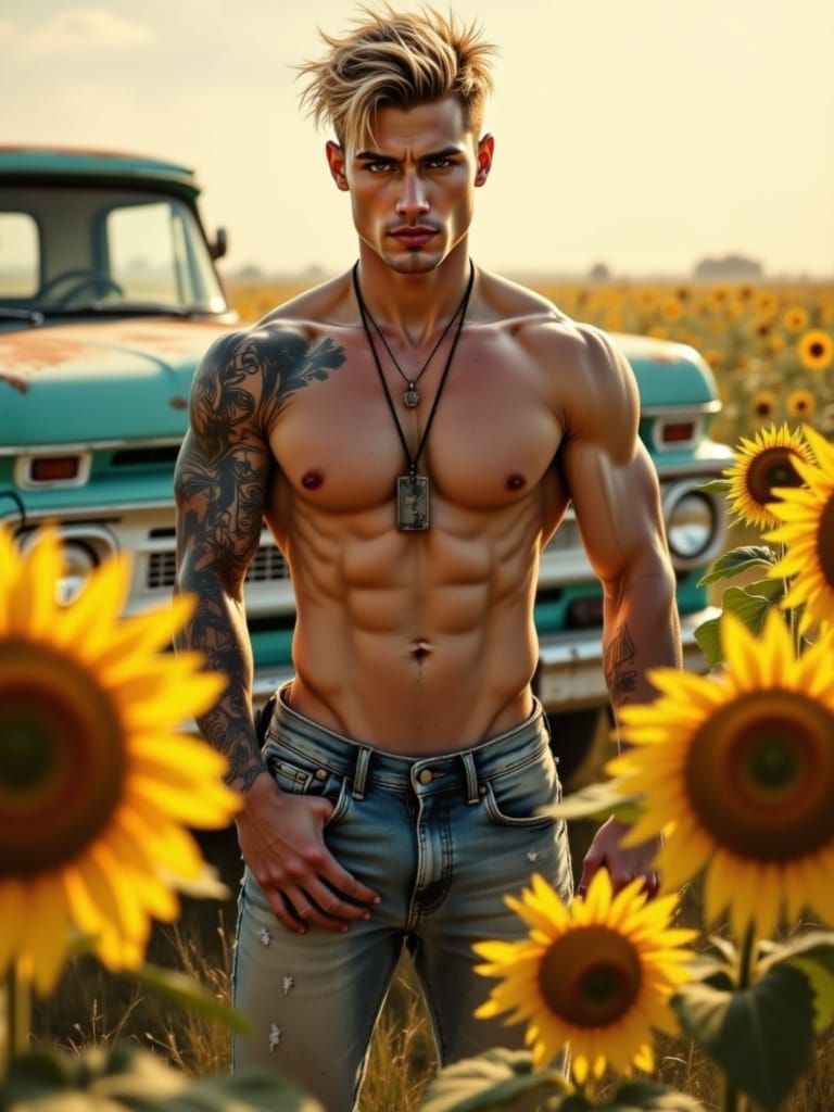Hyper-Realistic Portrait of a Chiseled Young Man in Summer C...