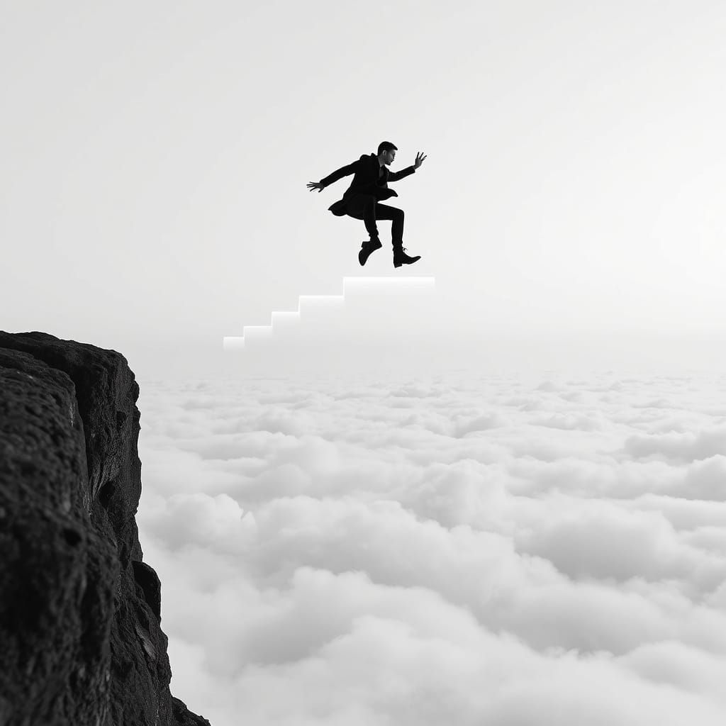 Surreal Digital Art of Man in Black, Midair on Holographic S...