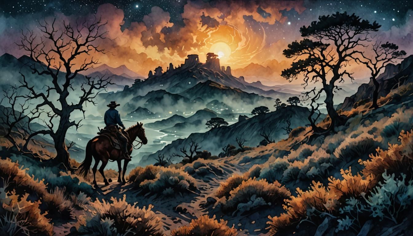 Fantasy Cowboy Rides Shimmering Waters in Watercolor