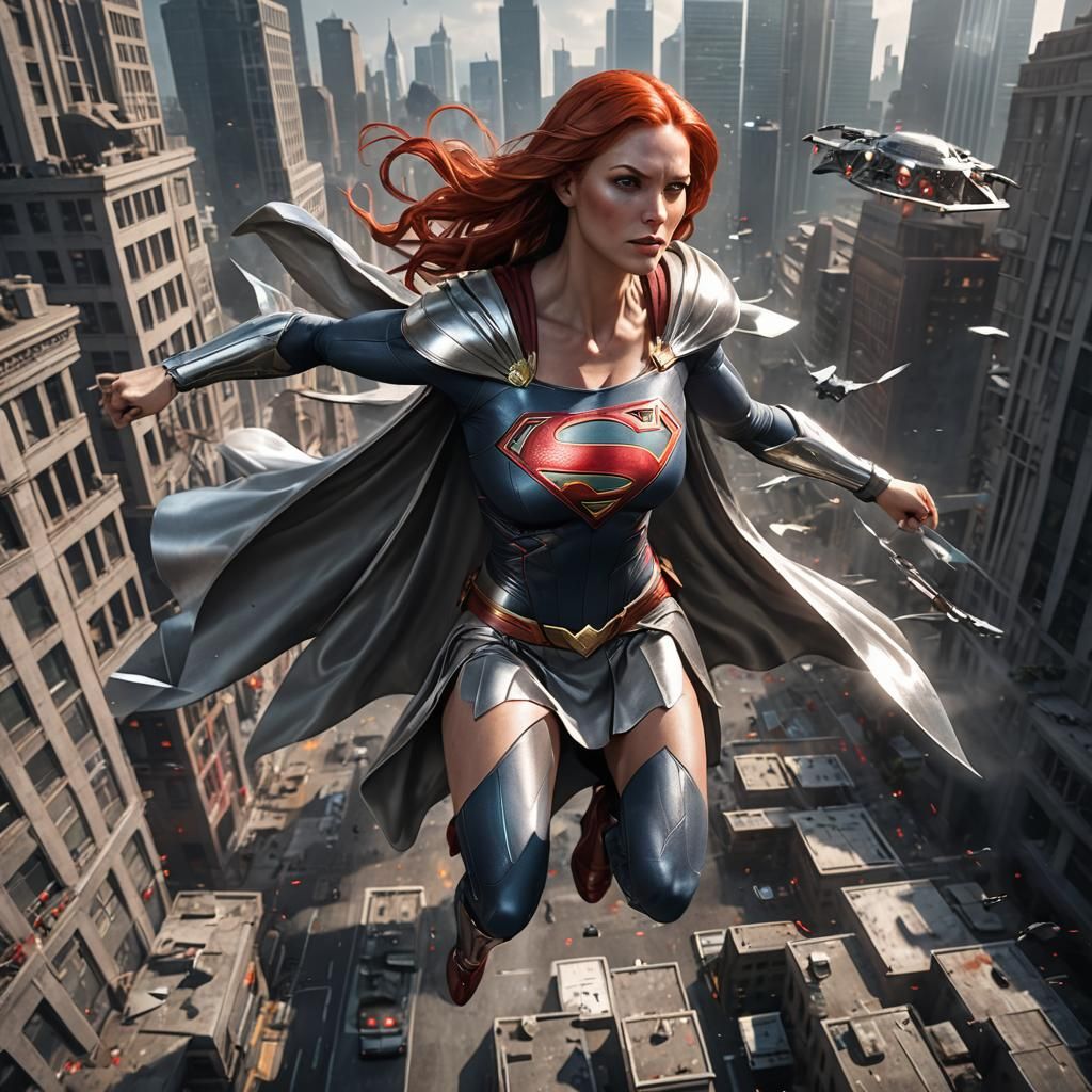 Supergirl Battles Drones in Detailed Matte Painting