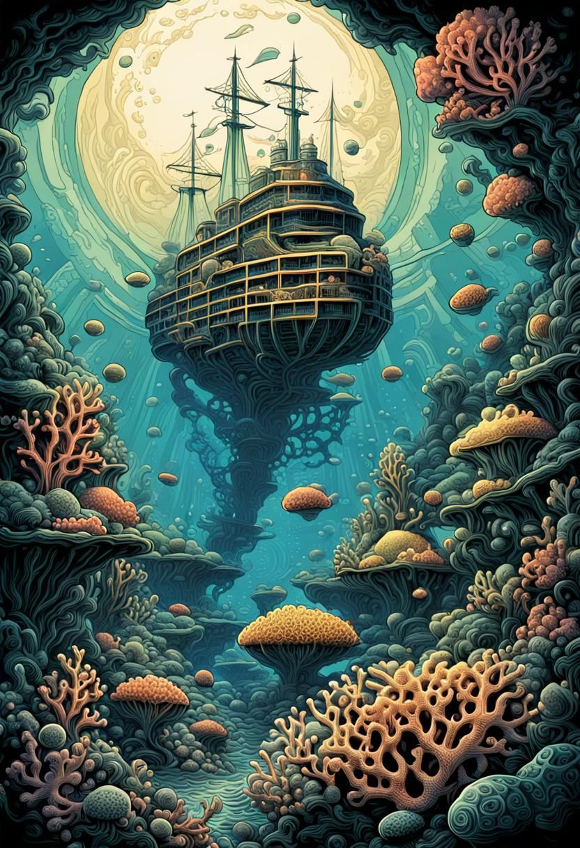 Undersea Civilization Farming Corals in Pulp Comic Style