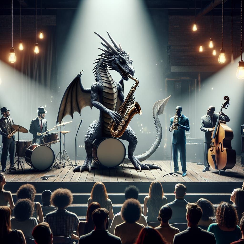 Dragon Performs Jazz Saxophone Solo in Diverse Club Setting