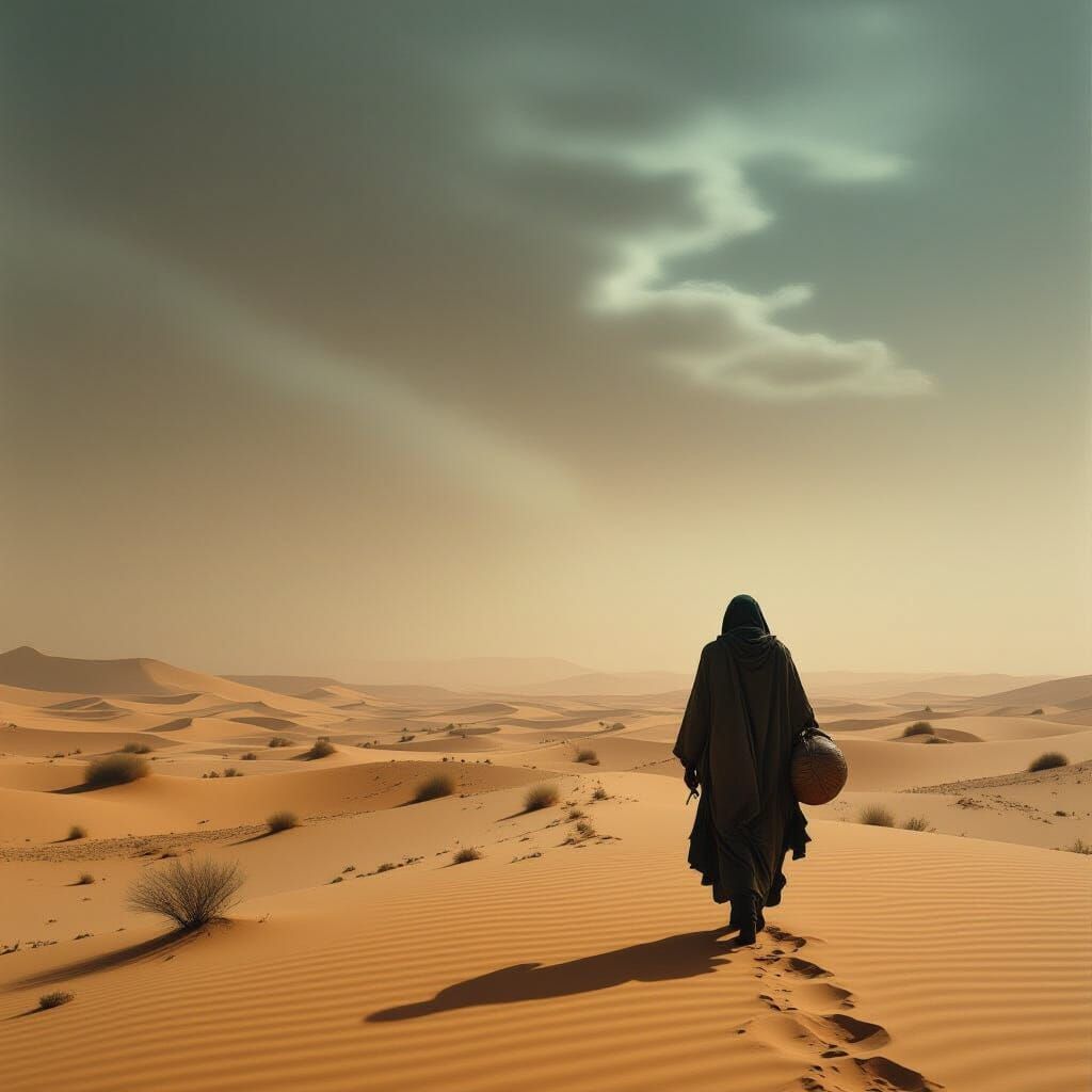 Lone Nomad in Apocalyptic Desert Landscape