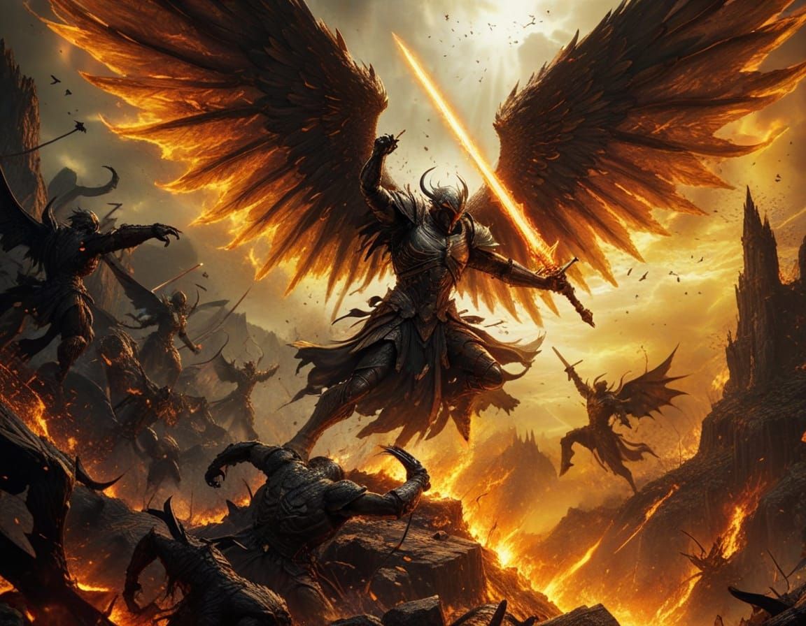 Archangel Battles Demons in Hellish Gothic Landscape