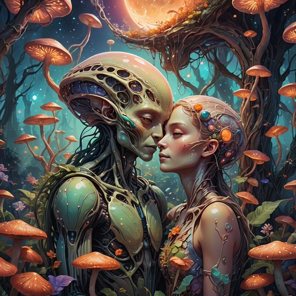 Alien and Humanoid Embrace in Lunar Garden