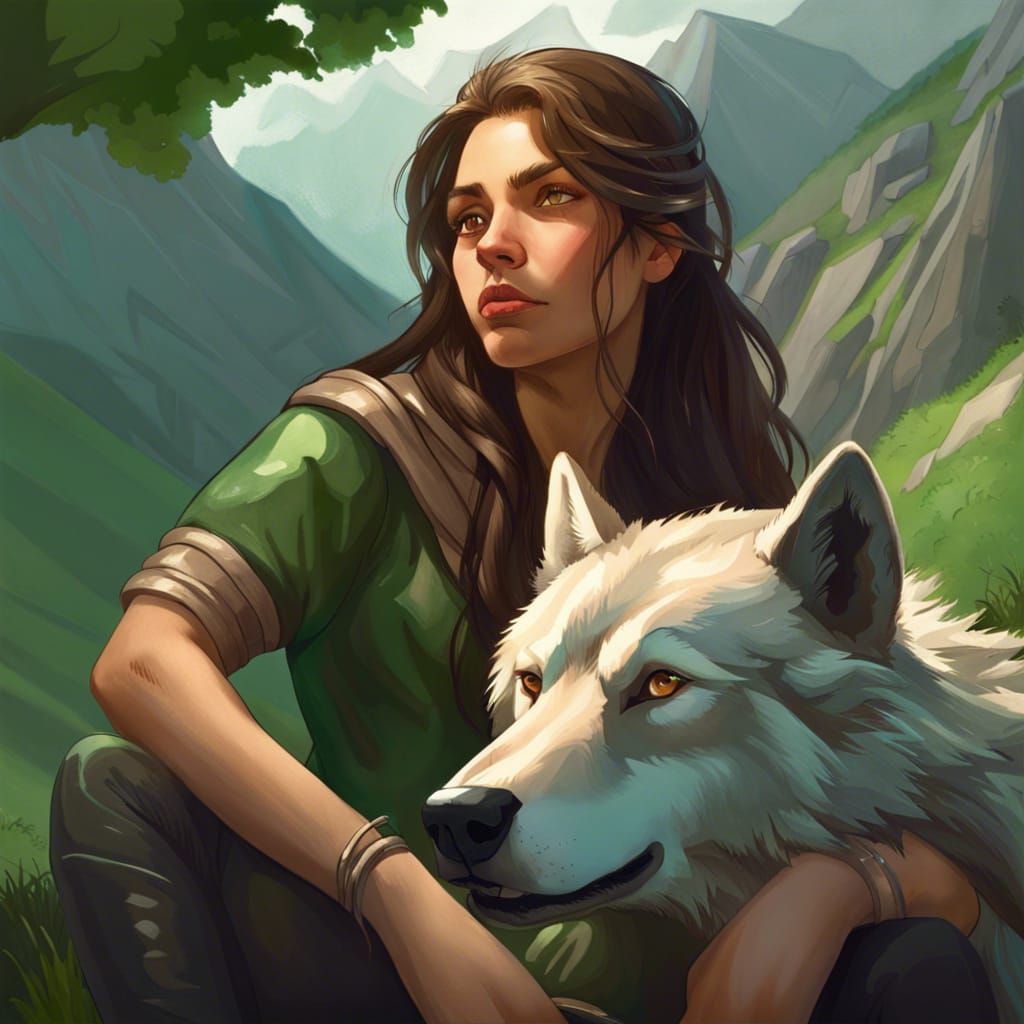 Teenage Girl and Wolf Portrait, Hyperdetailed Art