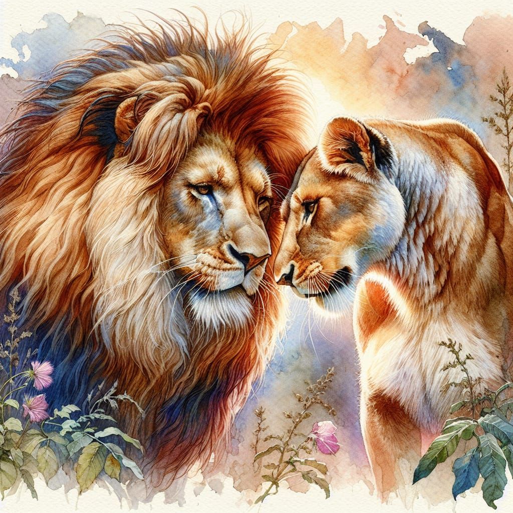 Lion Couple in Loving Embrace: Watercolor Painting