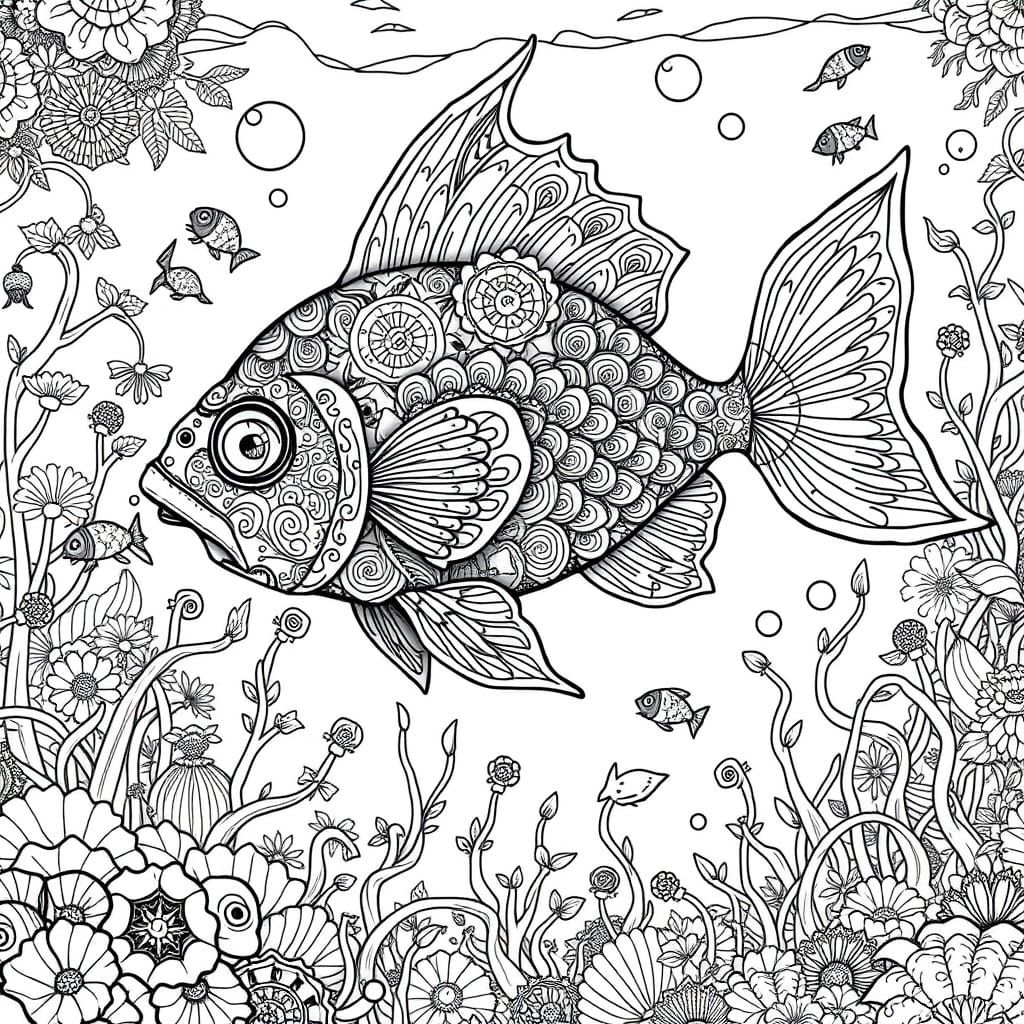 Whimsical Underwater World in Black and White Line Drawing