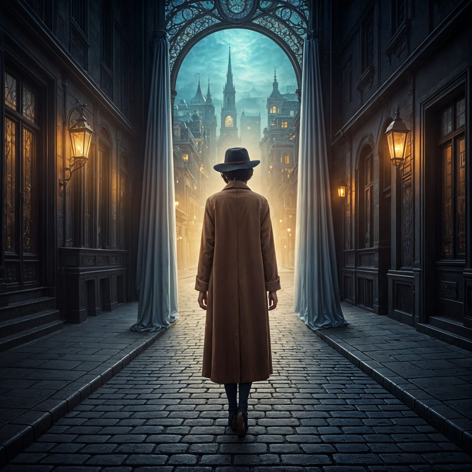 Woman Walks Towards New World Behind Veil