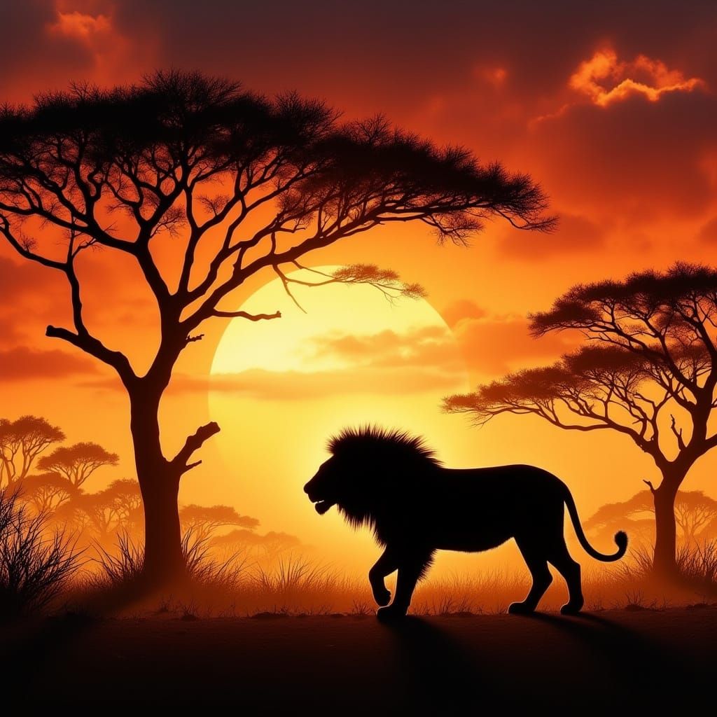 Majestic Lion Silhouette Against Vibrant African Sunset