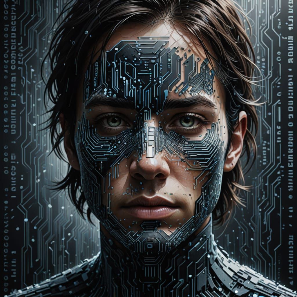 Person Made of Binary Code, Photorealistic Digital Painting