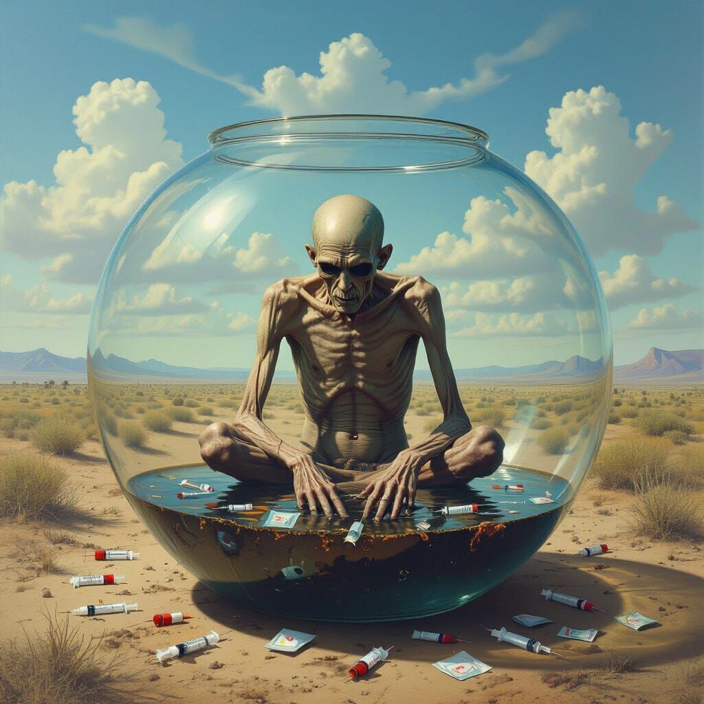 Trapped Addict in Fishbowl Symbolizing Despair