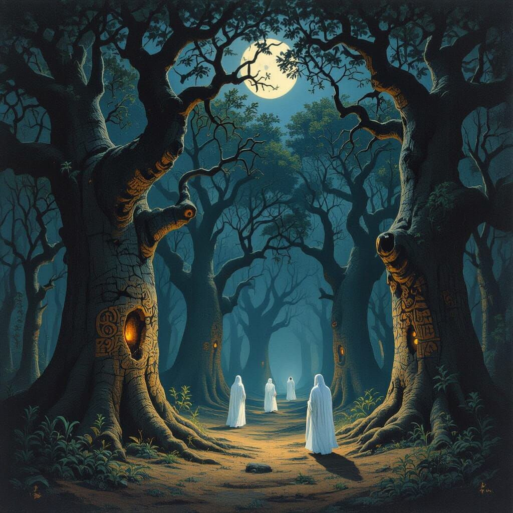 Mystical Yoruba Forest at Night, in El-Salahi Style