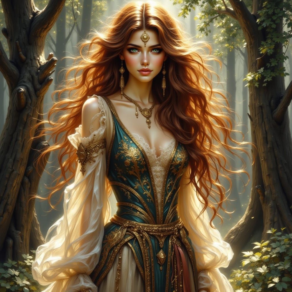 Elven Princess in Sunlit Forest, Manuscript Style