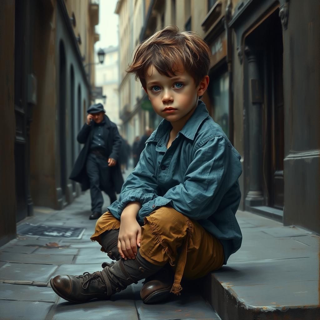 Francesco Hayez oil painting of a beautiful little boy with sad eyes, street urchin, in 18th century Paris, sitting alon...