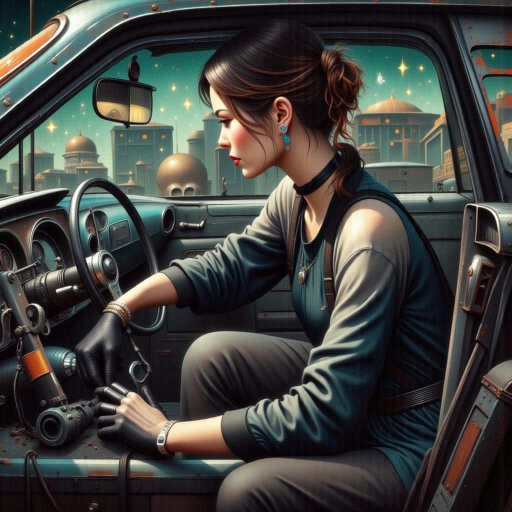 Goth Auto Mechanic Repairing a Vehicle